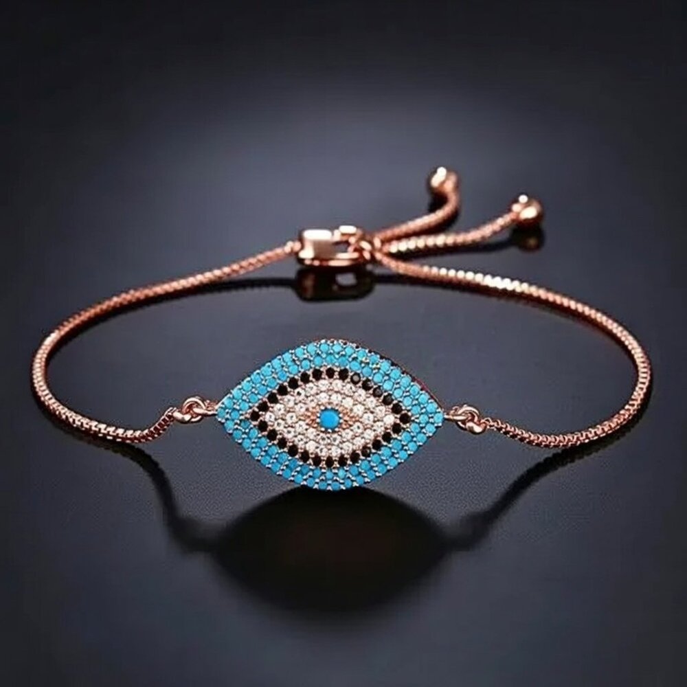 Rose Gold Evil Eye Bracelet Blue Turquoise Adjustable Dainty Protection Jewelry